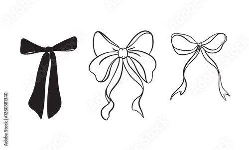 Vector set illustration of bows in trendy style for invitations to wedding, party, hair, postcard. Linear style, cartoon, doodle
