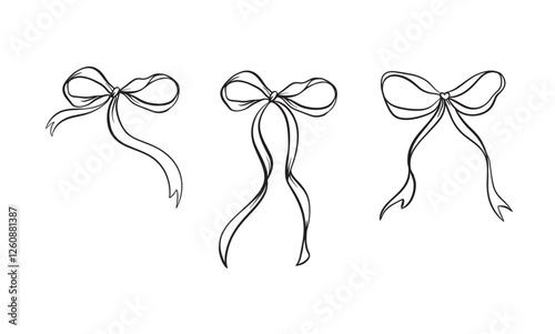 Vector set illustration of bows in trendy style for invitations to wedding, party, hair, postcard. Linear style, cartoon, doodle