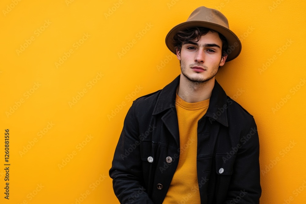 Stylish Young Man in Black Jacket and Hat Posing Against a Bright Yellow Wall Stylish Young Man in Black Jacket and Hat Posing Against a Bright Yellow Wall