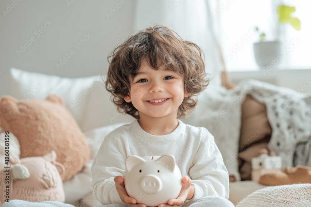 Happy Child Holding Piggy Bank in Bright and Airy Interior Showcasing Joy of Saving Money Happy Child Holding Piggy Bank in Bright and Airy Interior Showcasing Joy of Saving Money