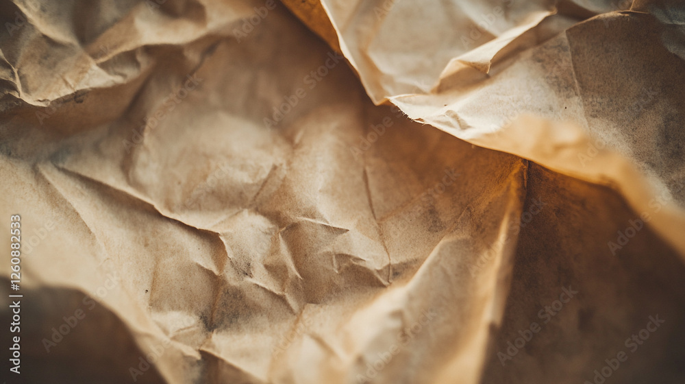 Crumpled brown paper texture reflects light in creative artistic arrangement Crumpled brown paper texture reflects light in creative artistic arrangement