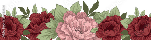 Vector flower composition with hand-drawn peonies and wild roses. Floral border design
