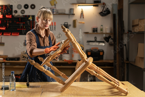 furniture restoration and diy concept. Middle aged woman in gloves with solvent to rag preparing old wooden chair for renovation photo
