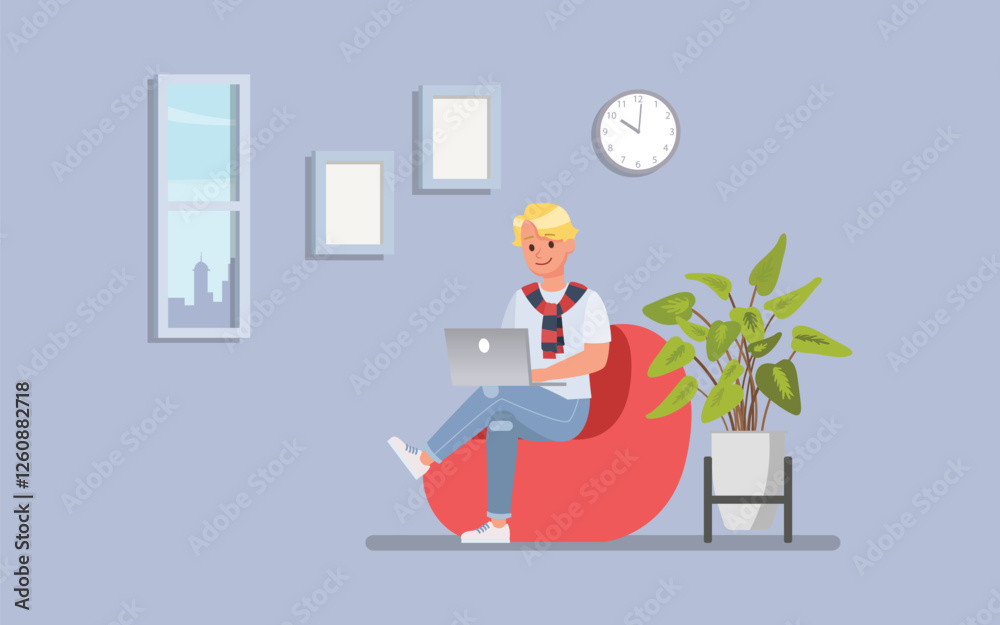 Obraz premium Man wear white shirt, working from home in a cozy office setting character vector illustration design.