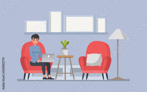 Woman smiling wear blue shirt, working from home in a cozy office setting character vector illustration design.