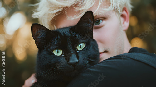 A blond man with green eyes, hugging a black cat