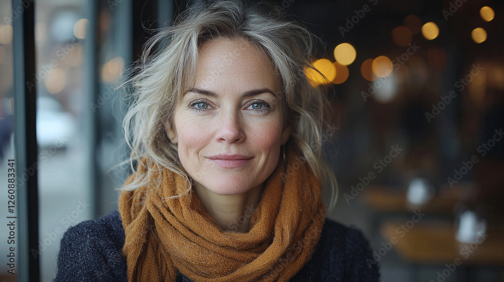 smiling woman in cozy scarf sits in warmly lit cafe, exuding calmness smiling woman in cozy scarf sits in warmly lit cafe, exuding calmness