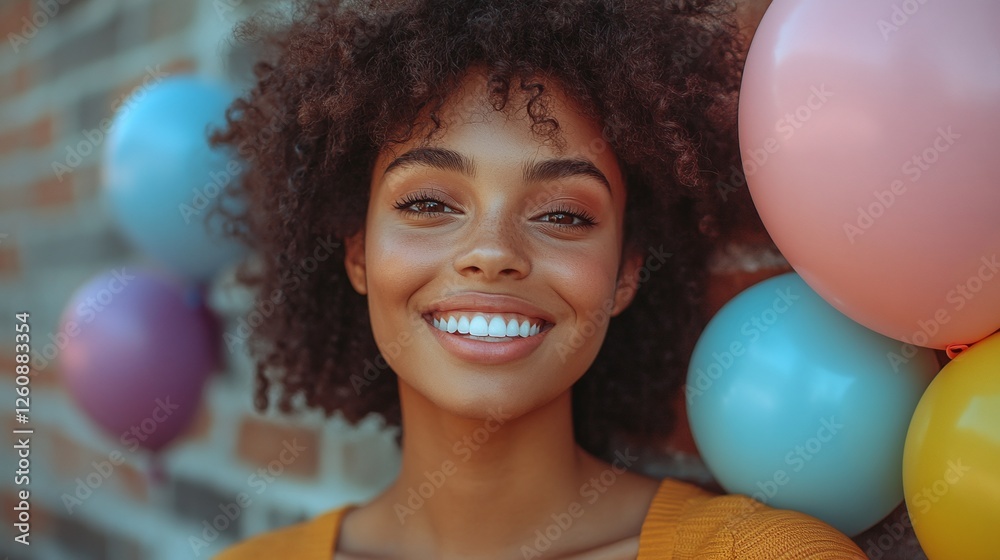 Naklejka premium carefree woman posing with bright helium balloons in front of a textured brick wall creating a modern and happy scene