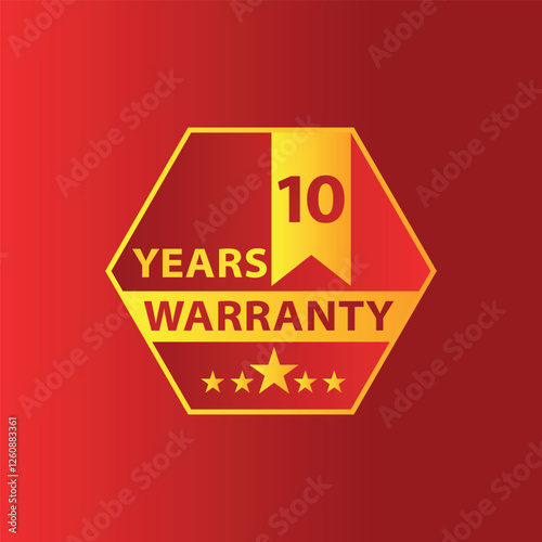 10 years warranty Hexagon with mark stars shape yellow badge with red gradient background