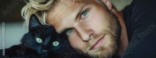 A blond man with green eyes, hugging a black cat