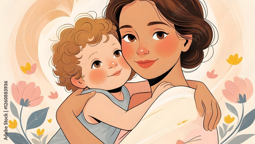 Heartfelt Moment of Love Between Mother and Daughter, Tender Mother-Child Hug with Floral Background, Warm Family Bond Illustrated in a Beautiful Floral Setting Heartfelt Moment of Love Between Mother and Daughter, Tender Mother-Child Hug with Floral Background, Warm Family Bond Illustrated in a Beautiful Floral Setting