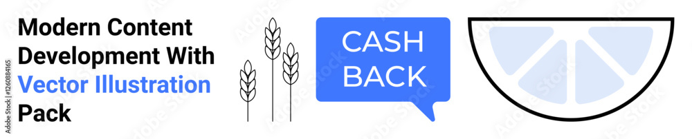 Obraz premium Stylized wheat stalks, cashback speech bubble, and lemon slice graphic. Ideal for agriculture, cashback offers, food marketing, healthy lifestyle, creative branding, commerce flat landing page