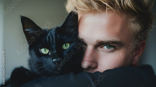 A blond man with green eyes, hugging a black cat