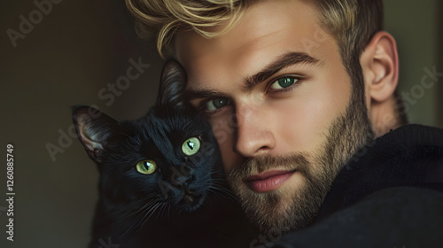 A blond man with green eyes, hugging a black cat