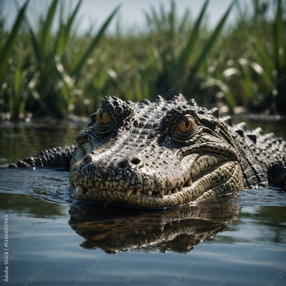Fototapeta premium A crocodile with only its eyes visible above the water.