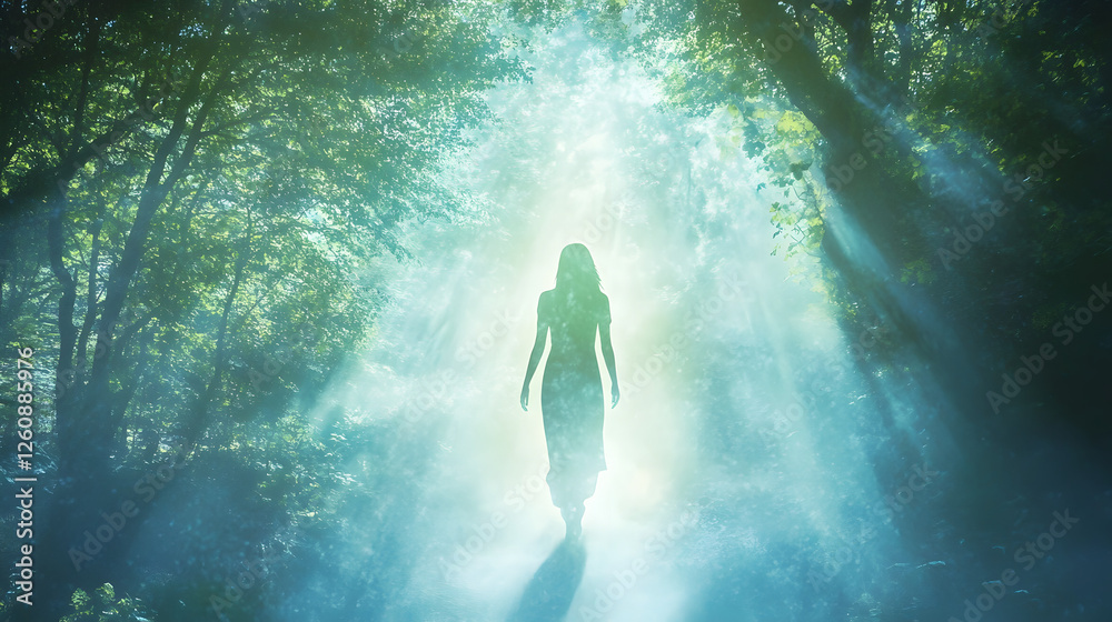 Mystical Forest Walk with Ethereal Light Silhouette Mystical Forest Walk with Ethereal Light Silhouette