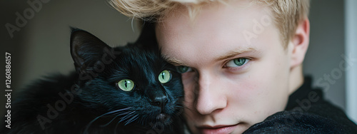 A blond man with green eyes, hugging a black cat
