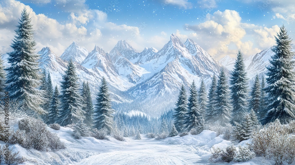 Fototapeta premium Snow Covered Mountain Peaks And Winter Forest Path