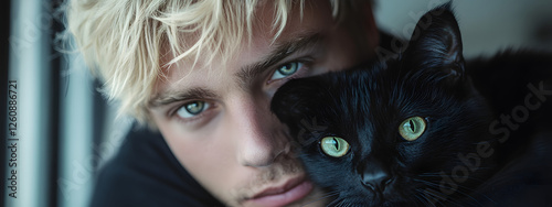 A blond man with green eyes, hugging a black cat