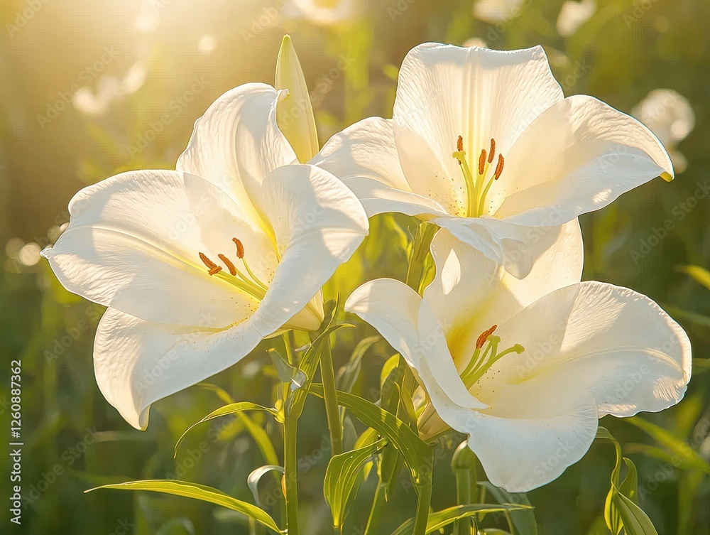 Fototapeta premium Captivating white lilies blooming in sunlit field nature serene environment close-up view