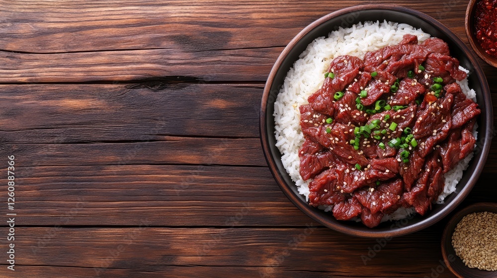 bulgogi with rice on old wooden background, traditional korean beef dish, asian food, top view, copy space bulgogi with rice on old wooden background, traditional korean beef dish, asian food, top view, copy space