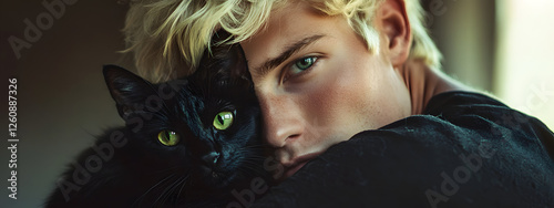 A blond man with green eyes, hugging a black cat