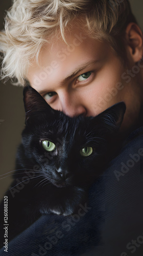 A blond man with green eyes, hugging a black cat