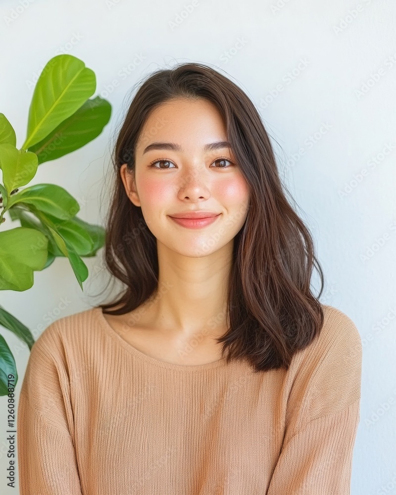 Contemporary Minimalist Portrait Young Asian Woman with Natural Makeup and Sustainable Plant Decor - Diversity in Professional Branding and Modern Lifestyle Marketing Contemporary Minimalist Portrait Young Asian Woman with Natural Makeup and Sustainable Plant Decor - Diversity in Professional Branding and Modern Lifestyle Marketing