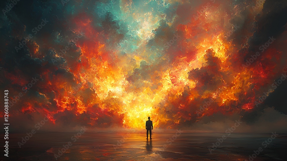 Alone in fiery sky, serene figure, dramatic cloudscape, possible use abstract art print Alone in fiery sky, serene figure, dramatic cloudscape, possible use abstract art print