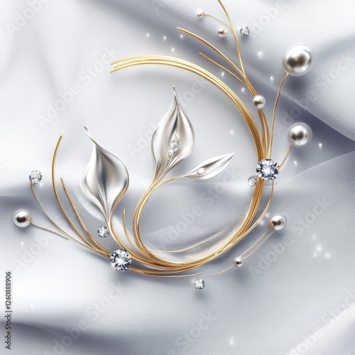 Elegant gold floral brooch with pearls and diamonds on silky fabric background