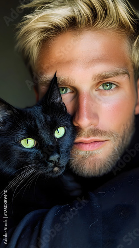 A blond man with green eyes, hugging a black cat