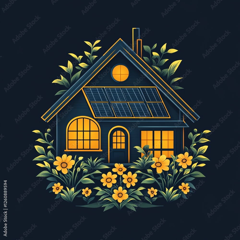 A cozy house surrounded by vibrant flowers and greenery, featuring solar panels. The warm lights from the windows create a welcoming atmosphere in this charming outdoor setting. A cozy house surrounded by vibrant flowers and greenery, featuring solar panels. The warm lights from the windows create a welcoming atmosphere in this charming outdoor setting.