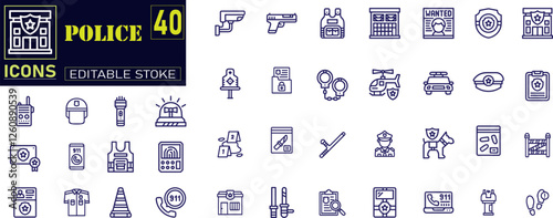 Set of outline icons related to police. Outline editable icons collection. Simple vector illustration.
