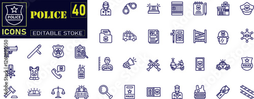Set of outline icons related to police. Outline editable icons collection. Simple vector illustration.