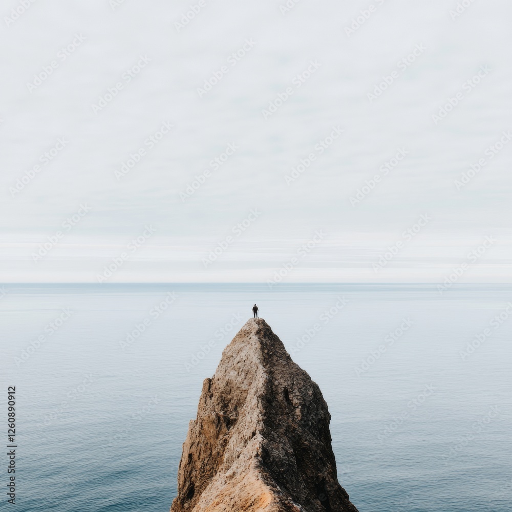 Solitary Exploration Peak Lone Traveler on Jagged Cliff with Ocean View - Rugged Travel and Outdoor Adventure Branding Material