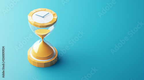 A low-polygon isometric 3D hourglass with golden sand flowing smoothly, symbolizing time management, placed on a sleek gradient banner with wide open copy space on the side