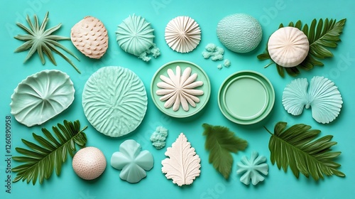 Teal Decorative Objects Arranged With Greenery