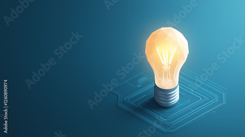 An isometric low-poly 3D light bulb glowing softly, symbolizing innovation and strategic thinking, placed on a futuristic banner with open space for text on the side