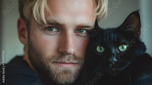 A blond man with green eyes, hugging a black cat