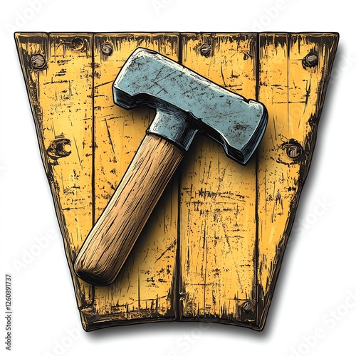 A detailed illustration of a hammer resting on a textured wooden background, signifying strength and craftsmanship in industrial work. Perfect for tools and repair themes. photo