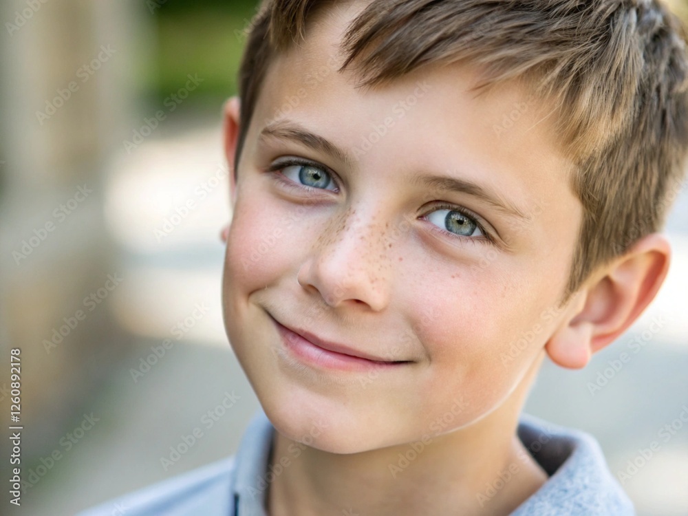 Young boy portrait, soft natural lighting, outdoor setting, gentle smile, bright eyes, close-up shot, shallow depth of field, blurred background, freckles, innocence, childhood, warmth Young boy portrait, soft natural lighting, outdoor setting, gentle smile, bright eyes, close-up shot, shallow depth of field, blurred background, freckles, innocence, childhood, warmth