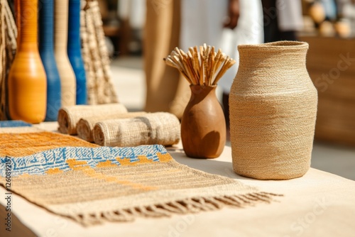 Cultural Heritage Textiles Handwoven Baskets and Rugs in Earthy Hues Elevating Cultural Tourism and Sustainable Living with Rich Artisan Textures photo