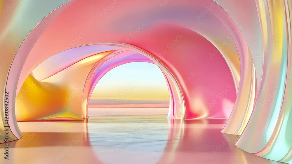 Minimalist pink hallway with repeating arch openings, sunlight streaming through, creating serene background architectural perspective and spatial depth video 4k
