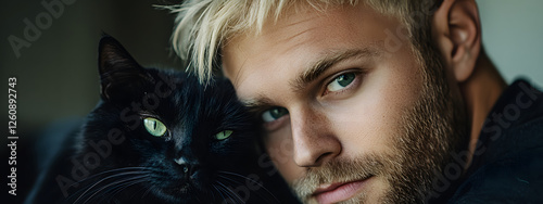 A blond man with green eyes, hugging a black cat
