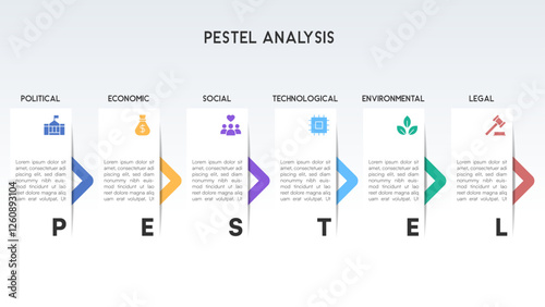 Vertical PESTEL Analysis Infographic with Directional Arrows and Minimalist Icons