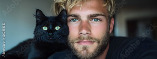 A blond man with green eyes, hugging a black cat