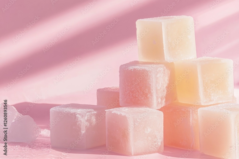 Stacked Ice Cubes Arranged in a Minimalist Pyramid Formation on a Soft Pink Surface With Gentle Lighting Stacked Ice Cubes Arranged in a Minimalist Pyramid Formation on a Soft Pink Surface With Gentle Lighting