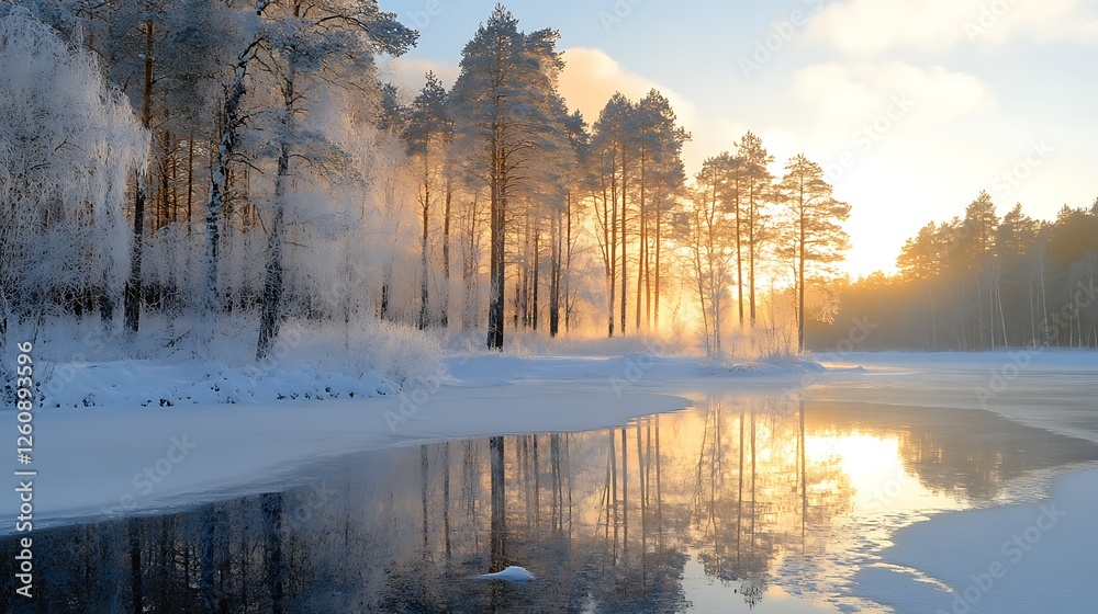 Fototapeta premium Winter sunrise over frozen river, snowy forest