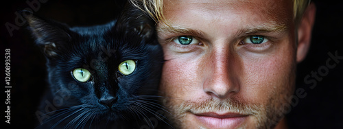 A blond man with green eyes, hugging a black cat