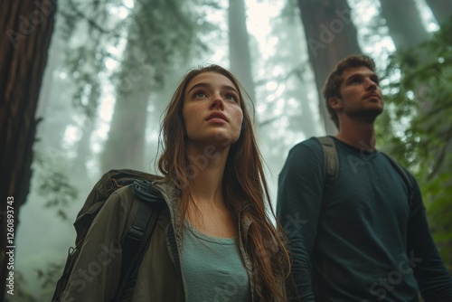 Young couple gazing up at majestic redwood trees in a misty forest, awestruck by nature's beauty.